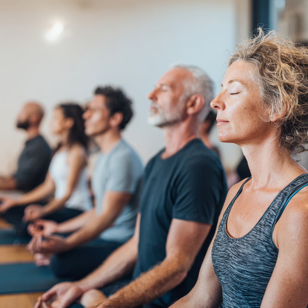 Smiling Hungarian adults practicing gentle yoga poses in a peaceful studio setting