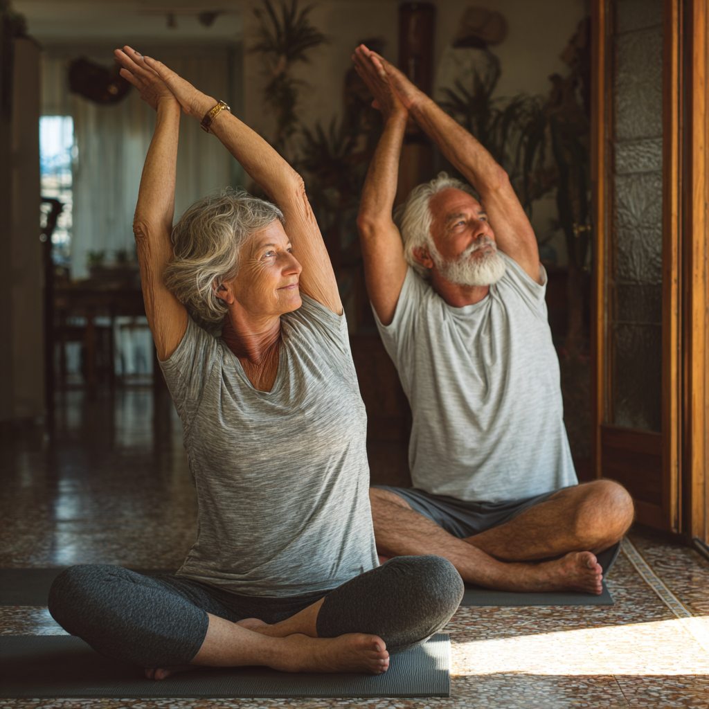 Relaxed Hungarian seniors in comfortable yoga clothes sitting peacefully in meditation pose